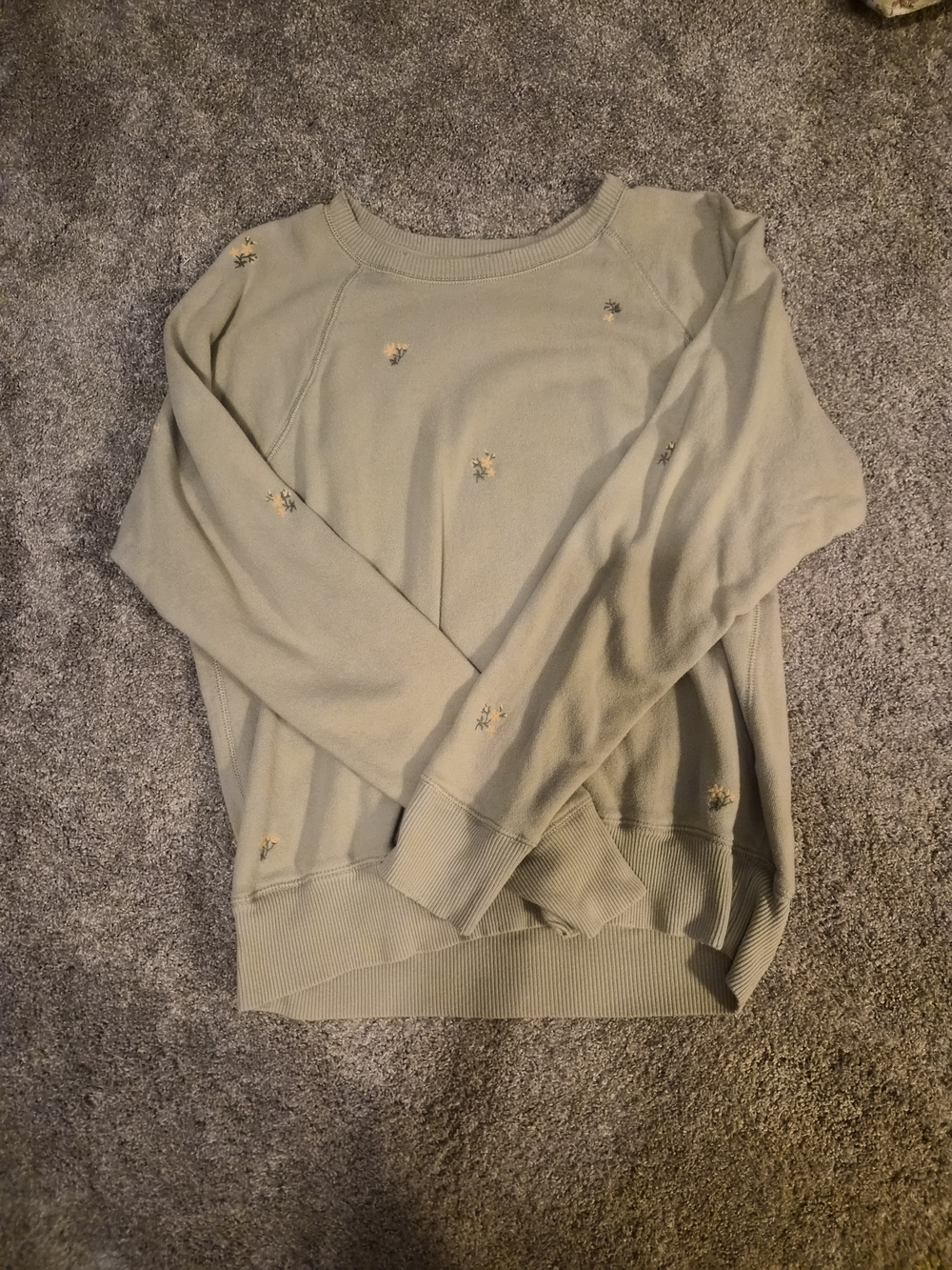 aerie Sage Green Crewneck Sweater with Tiny Yellow Floral Embroidery